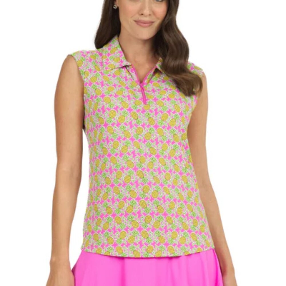 Ibkul Chantal Pineapple Print Sleeveless Polo Top Quarter Zip Hot Pink Lime NWT